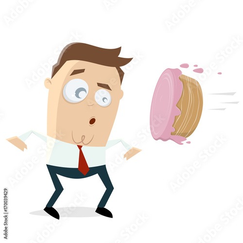 cake flying into face of a businessman