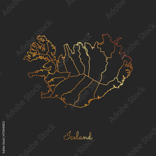 Iceland region map: golden gradient outline on dark background. Detailed map of Iceland regions. Vector illustration.