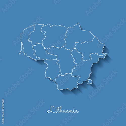 Lithuania region map: blue with white outline and shadow on blue background. Detailed map of Lithuania regions. Vector illustration.