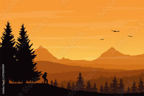 Vector illustration of mountain landscape with forest and photographer under orange sky with clouds