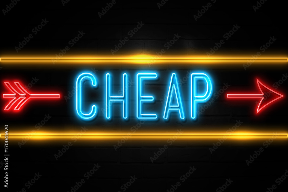 Cheap  - fluorescent Neon Sign on brickwall Front view