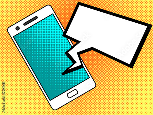 Smartphone with message or chat. Cell phone on yellow dotted background. Mobile phone style pop art retro.