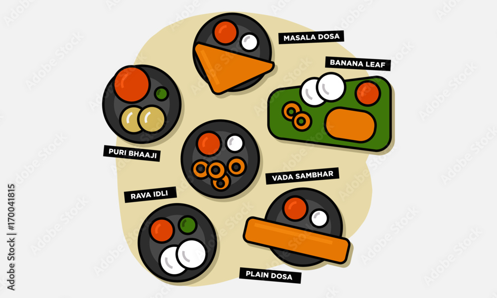South Indian Meal Icons (Food Vector Illustrations In Flat Style Line