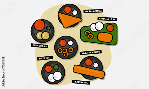South Indian Meal Icons (Food Vector Illustrations In Flat Style Line Art) With Names Of The Dishes