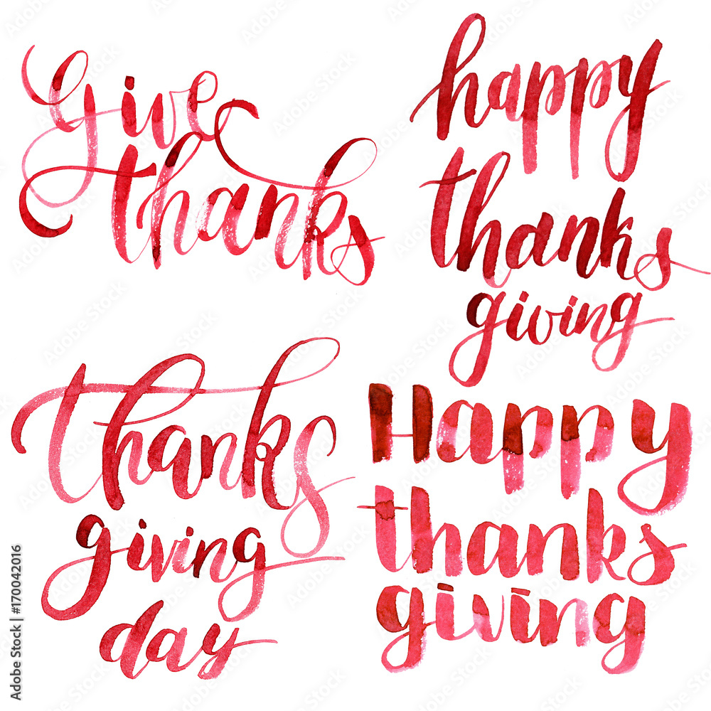 Set of hand painted lettering isolated on white background for Thanksgiving Day.
