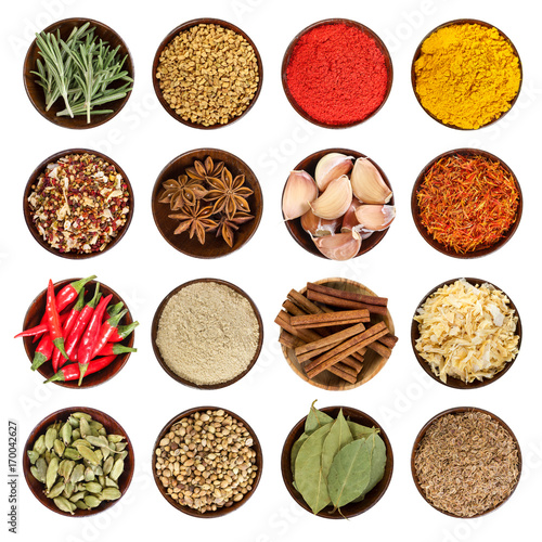 Set of various spices isolated on white.