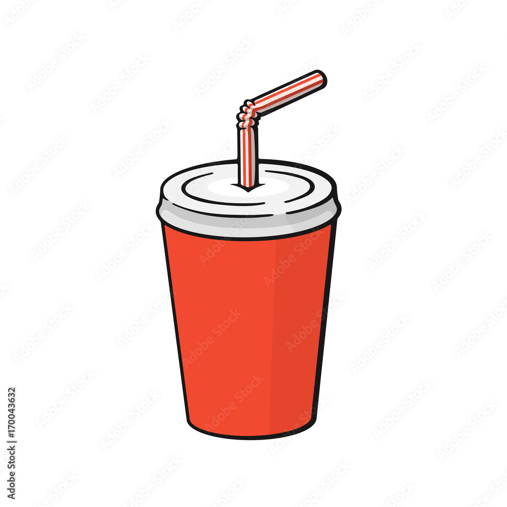 Vector illustration. Disposable paper cup with soda and straw. Dice-box with carbonated cold drink. Image in cartoon style with contour. Unhealthy food. Isolated on white background Stock Vector | Adobe Stock Vector illustration. Disposable paper cup with soda and straw. Dice-box with carbonated cold drink. Image in cartoon style with contour. Unhealthy food. Isolated on white background Stock Vector | Adobe Stock