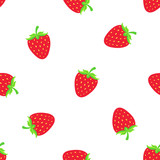 Seamless vector illustration. Pattern with falling sweet red strawberry with a stem on white background. Healthy vegetarian food