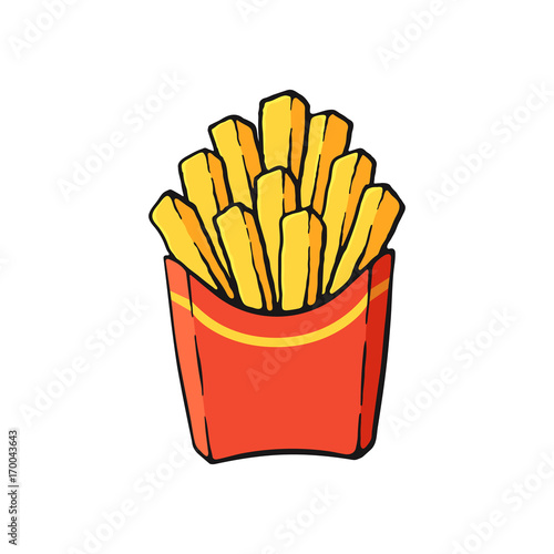 Vector illustration. French fries in a paper red pack. Fried potatoes. Image in cartoon style with contour. Unhealthy food. Isolated on white background
