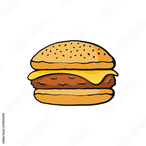 Vector illustration. Cheeseburger with meat and cheese. Image in cartoon style with contour. Unhealthy food. Isolated on white background