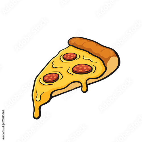Vector illustration. Pizza slice with melted cheese and pepperoni. Image in cartoon style with contour. Unhealthy food. Isolated on white background