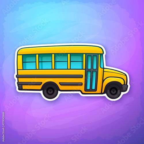 Vector illustration. Yellow toy school bus. Passenger transport for transportation of children pupil to school. Back to school. Sticker in flat style with contour. Isolated on colorful background