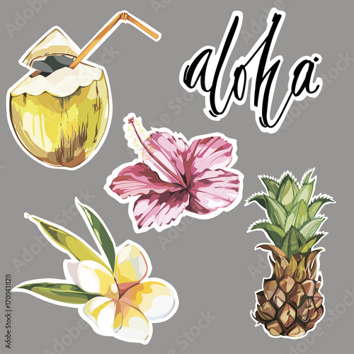 Aloha. Set of cute tropical stickers with flowers, coconut and pineapple. Cute stickers, patches or pins collection. Tropical vibes stickers set.