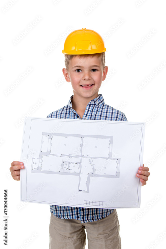 Little cheerful builder in yellow hardhat with paper plan in hands, isolated on white Little cheerful builder in yellow hardhat with paper plan in hands, isolated on white