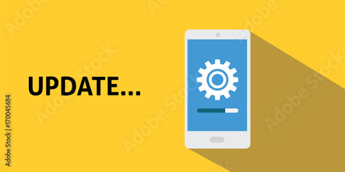 smartphone update process with gearbox progress and loading bar with flat long shadow