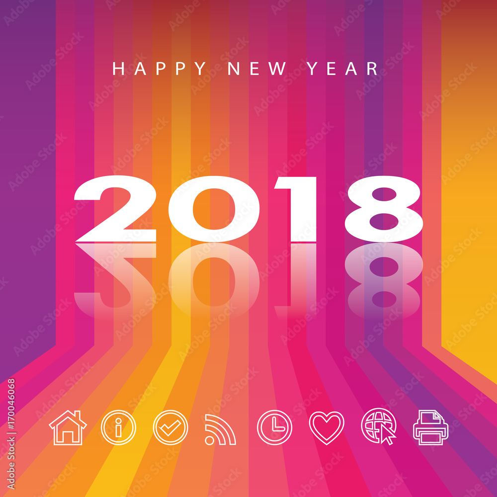 Plakat 2018 logo design on abstract multicolored futuristic background with dynamic sunset stripes, followers icons, social media icons, print, Web, sport. Happy New Year title