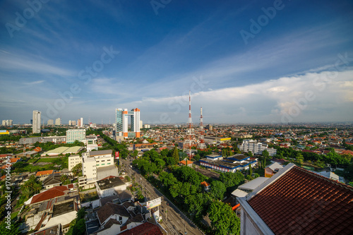 bird view over city on sun rise in Surabaya, Indonesia