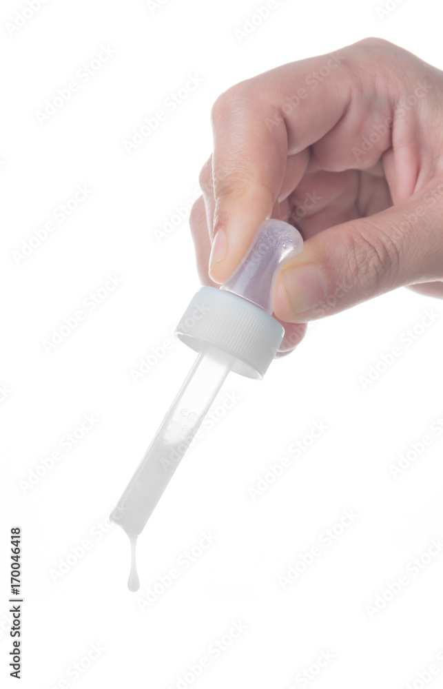 Hand holding a medicine pipette,dropper isolated on white background