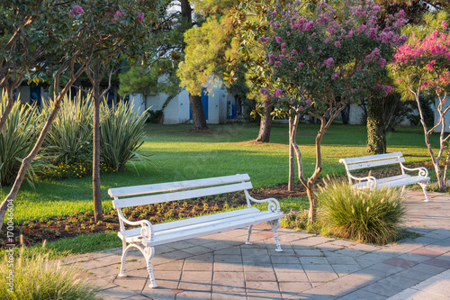 Fototapeta Naklejka Na Ścianę i Meble -  Rustic white benches in the Mediterranean resort park surrounded by colorful vegetation