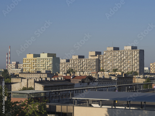 view on Lodz city center with old tower block of flats roofs and chimney