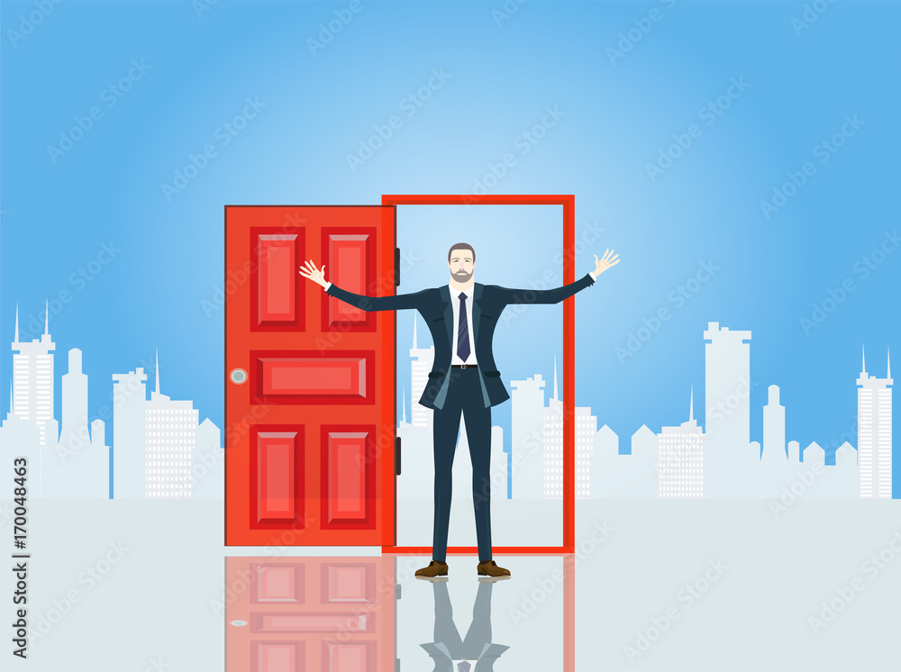 Successful businessmen in the City in front of the red door, represents opportunities and professional career. Business concept illustration Successful businessmen in the City in front of the red door, represents opportunities and professional career. Business concept illustration