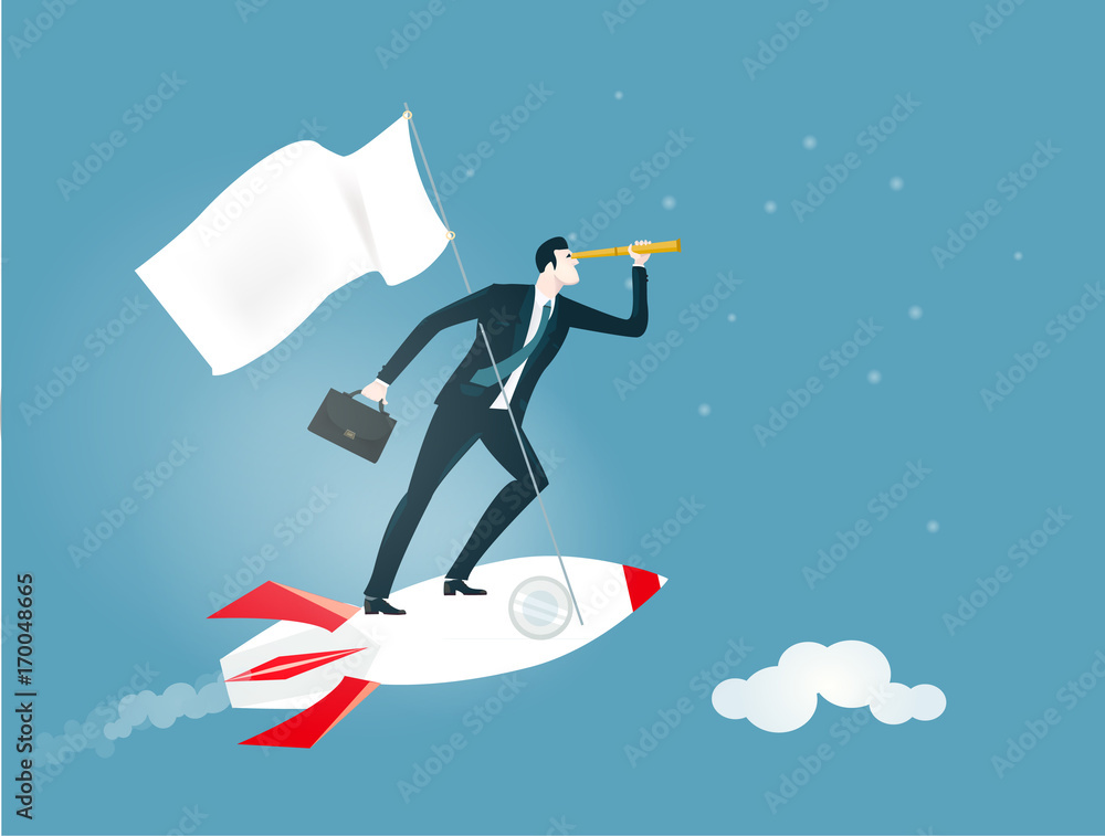 Successful businessmen flying on the rocket and watching with telescope for the commercial opportunities. Business concept illustration Successful businessmen flying on the rocket and watching with telescope for the commercial opportunities. Business concept illustration