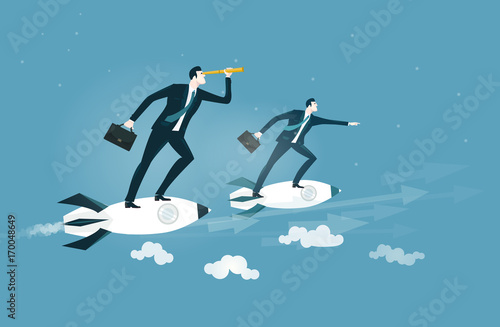 Successful businessmen flying on the rocket and watching with telescope for the commercial opportunities. Business concept illustration