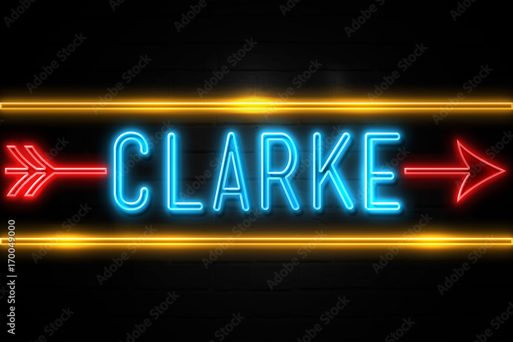 Obraz premium Clarke - fluorescent Neon Sign on brickwall Front view