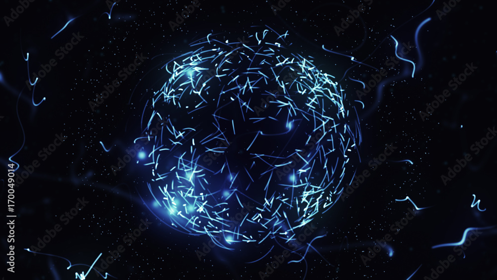 Blue sphere in space with glowing particles. Abstract background ...