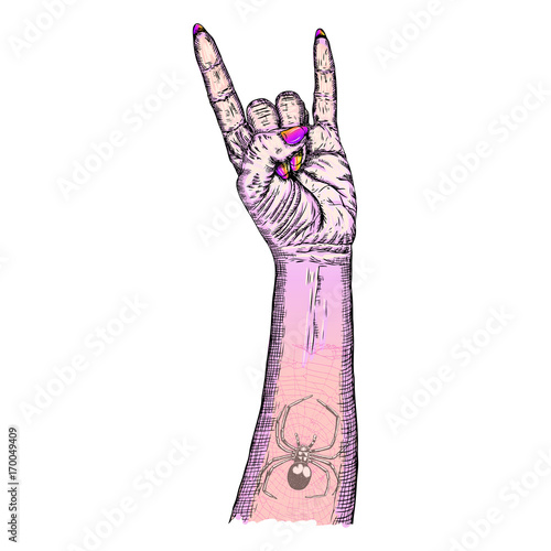 Pink gothic emo witch craft girl hand in rock n roll sign with poison spider and web flash tattoo. Heavy metal music poster. Female feminine magic wrist fist gesture of demon, evil, Satan. Vector.