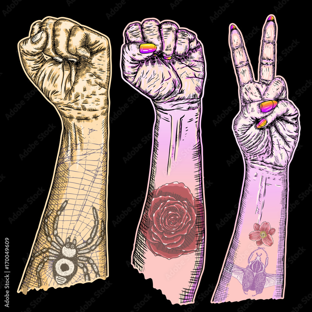 Set of victory, freedom power, riot and revolution, rock music, concept ...