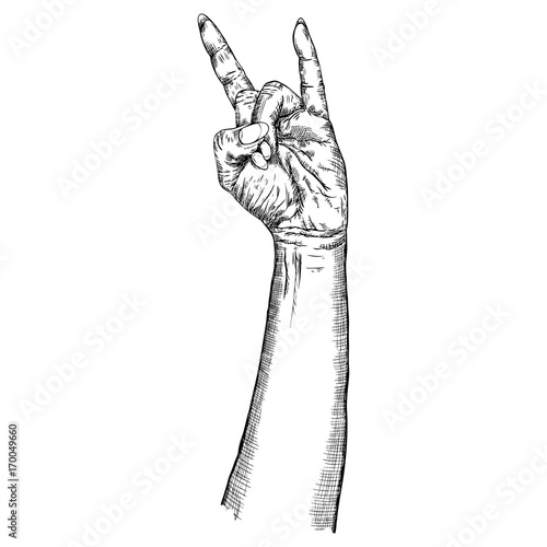 Rock and Roll hand sign. Hand drawn girl style fist demon symbol. Female wrist evil finger gesture. Woman hand showing Satan sign. Girly forearm music sketch style isolated on white. Vector.
