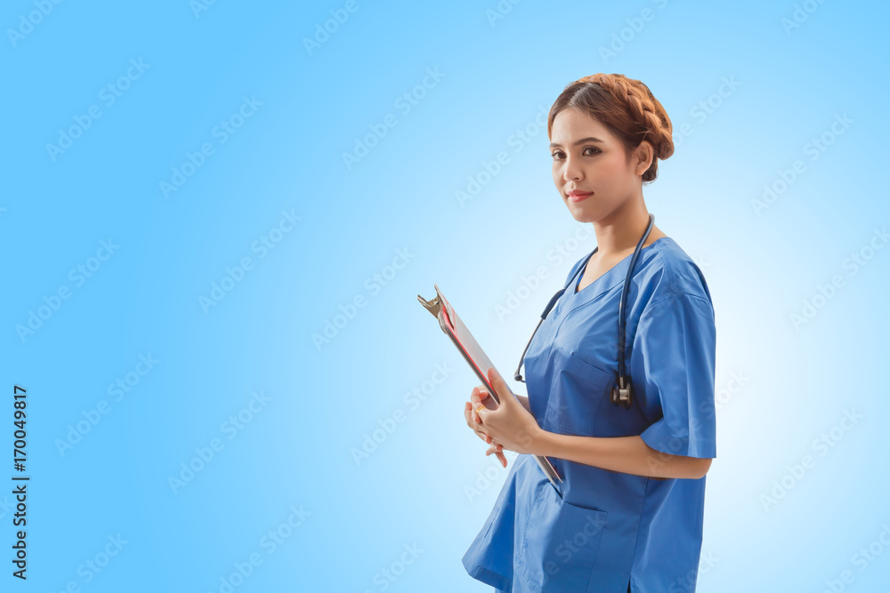 Beautiful asian nurse holding document checklist and patients chart with carrying stethoscope at hospital, isolated on bright blue background, concept of medical and treatment professional. Beautiful asian nurse holding document checklist and patients chart with carrying stethoscope at hospital, isolated on bright blue background, concept of medical and treatment professional.