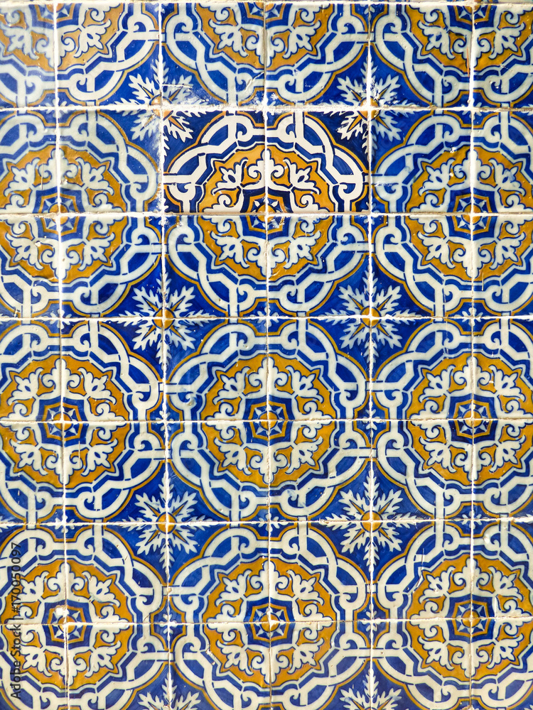 Beautiful vintage blue and yellow portuguese tiles (azulejos) in Lisbon