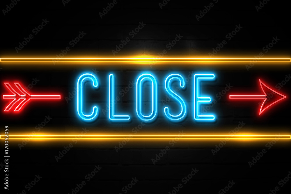 Close  - fluorescent Neon Sign on brickwall Front view