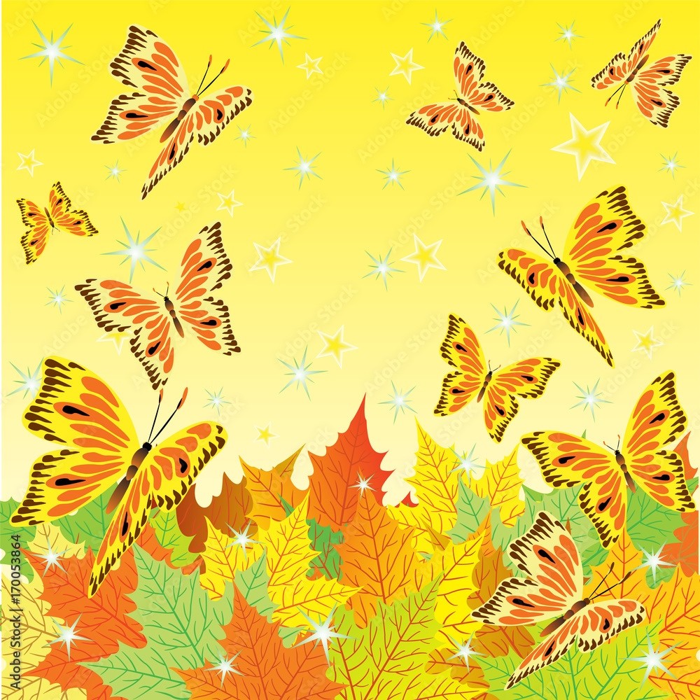 Autumn background with fall leaves and butterflies