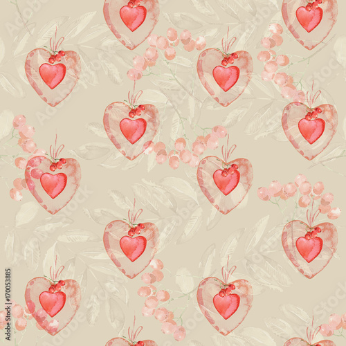 Watercolor seamless pattern with autumn leaves  rowans and hearts  