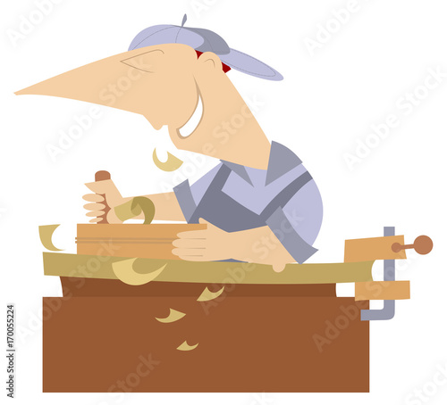 Cartoon young joiner isolated. Cheerful carpenter works at joinery shop
