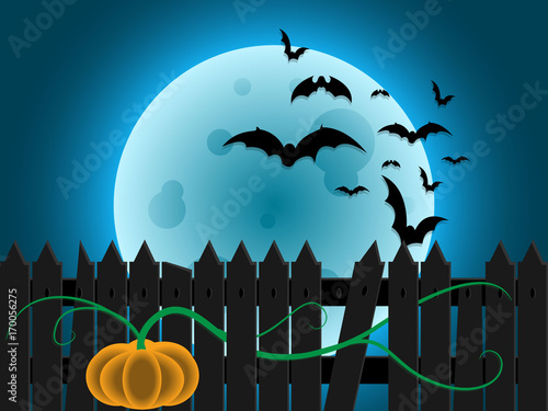 Halloween night with full moon , pumpkin and broken fence 