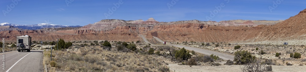 Panoramic Scenic Interstate 70 (I-70) in Utah in a remote section of the San Rafael Swell, part of the Colorado Plateau.