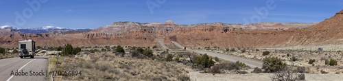 Panoramic Scenic Interstate 70 (I-70) in Utah in a remote section of the San Rafael Swell, part of the Colorado Plateau.