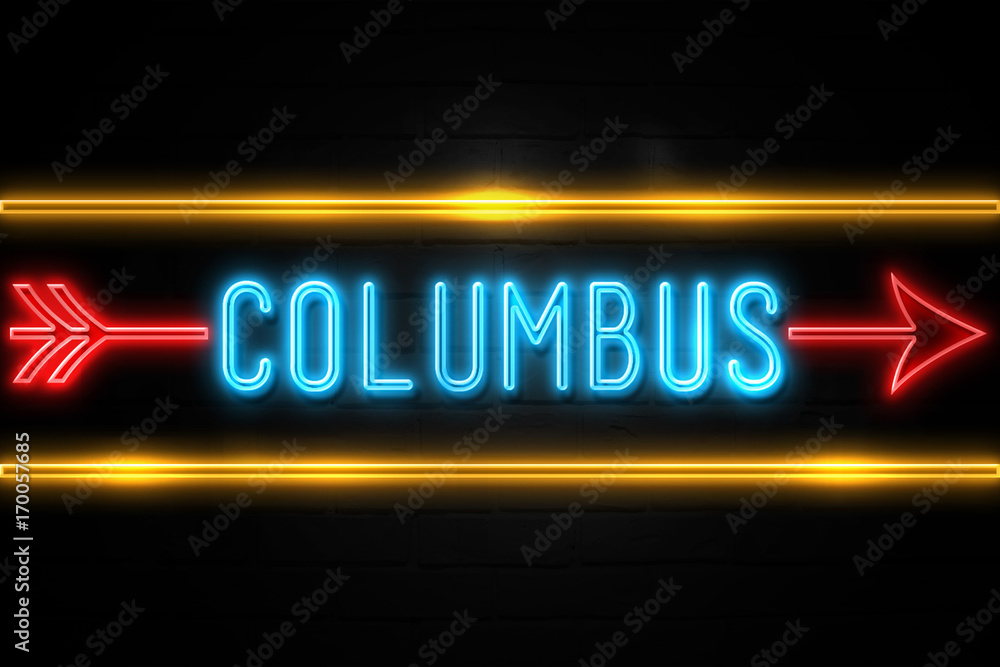 Obraz premium Columbus - fluorescent Neon Sign on brickwall Front view