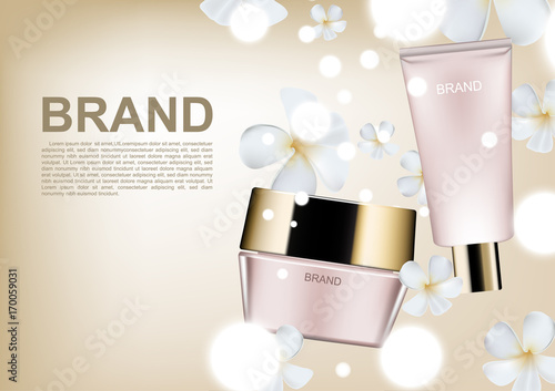 Cosmetic ads poster template, cosmetic set with bubble lights and white flowers