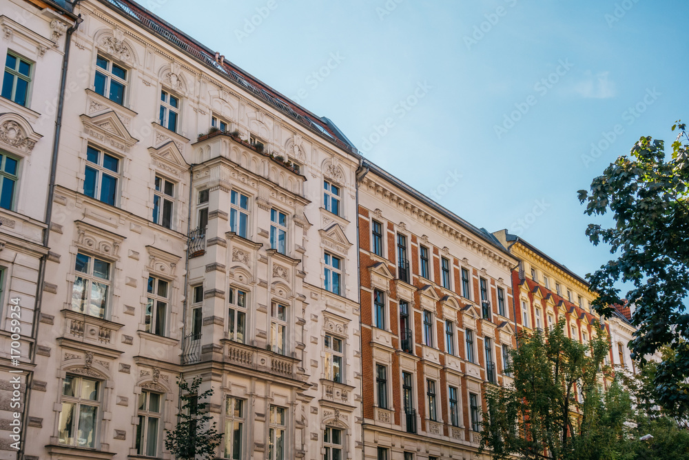 buildings with beautiful facade and clear sky