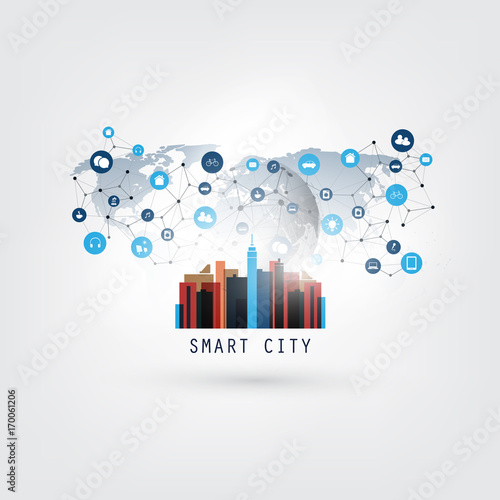 Colorful Smart City, Cloud Computing Design Concept with Icons - Digital Network Connections, Technology Background