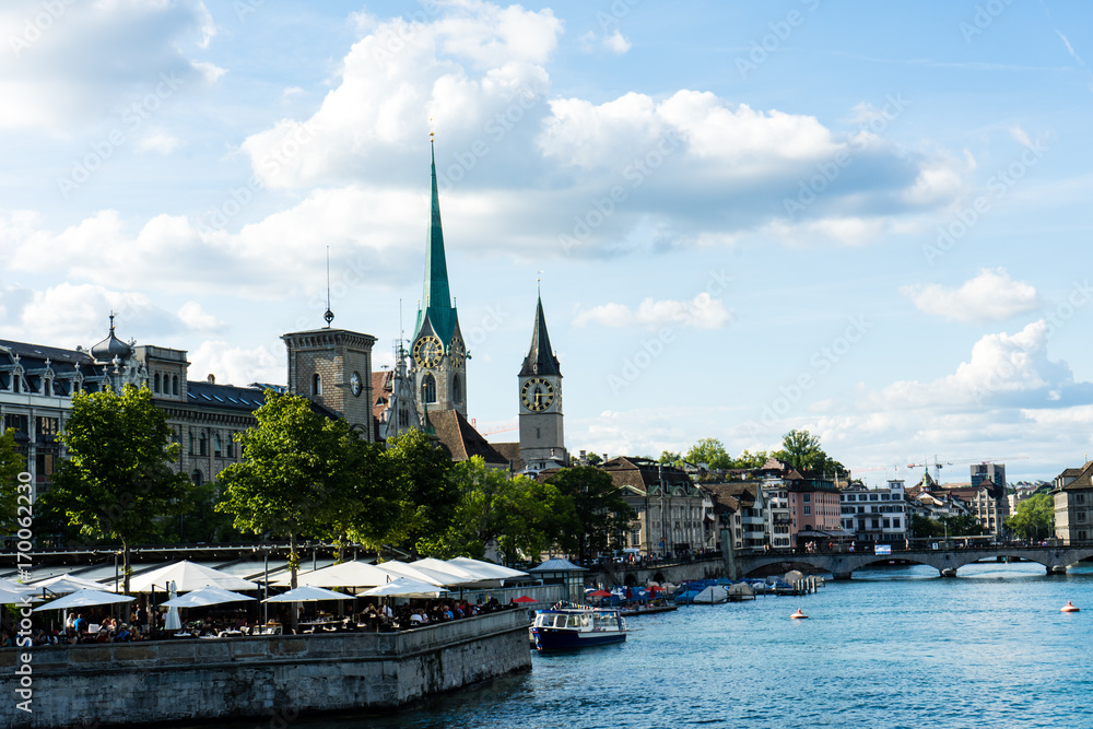 zurich inner city historic view with water in summer for tourism and travel