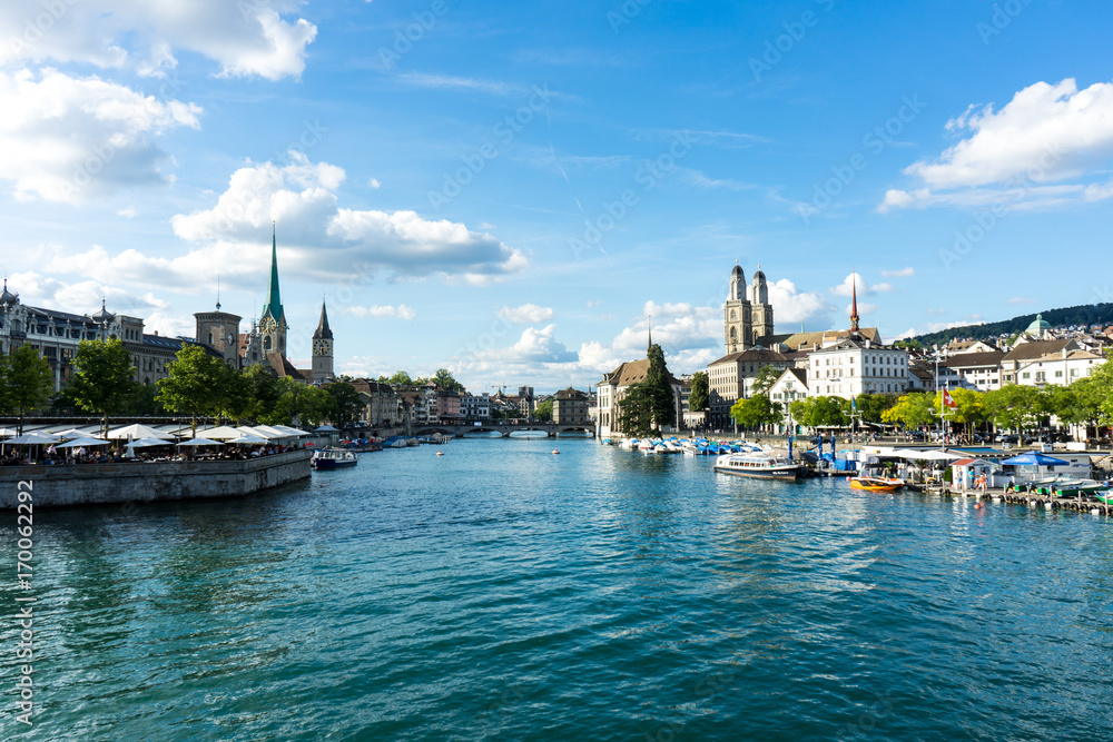 zurich inner city historic view with water in summer for tourism and travel