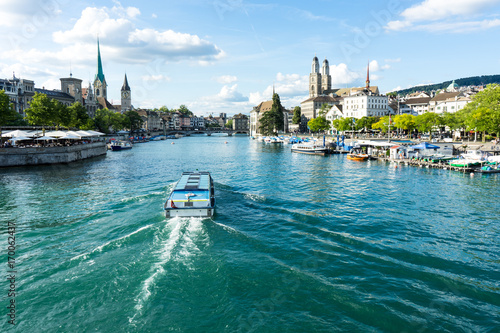 zurich inner city view with boat on water and historic site