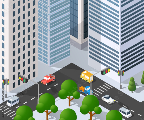 Isometric illustration megapolis city quarter with streets, skyscrapers, trees and houses. Urban landscape top view