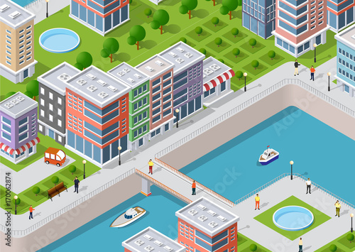 Isometric illustration of a city waterfront with a river, yachts and city buildings and houses © AlexZel